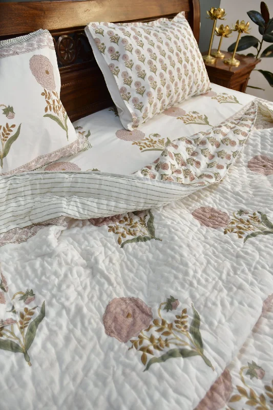 Pink Phool Dreamscape: Bedding set Hand-Blocked Floral Paradise