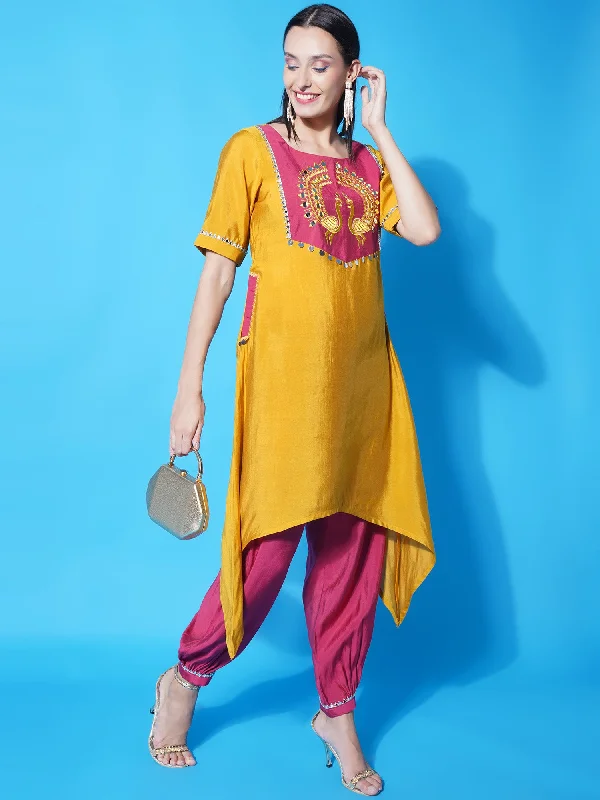 Mustard Assymetrical Kurta with Mirror Embroidery and Afghani Salwaar-WRKS121