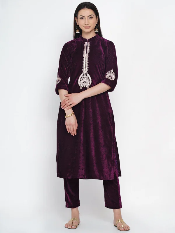 Burgundy Velvet Embellished Kurta with Pant- WRKS026