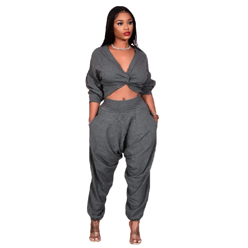 sexy crop top street v-neck solid casual two piece outfits set for ladies