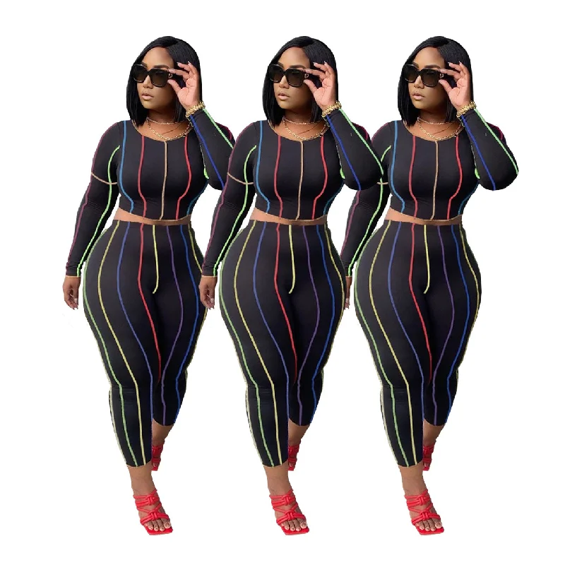 2 Piece Outfits for Women Sexy Bodycon Long Sleeve Crop Tops Stripe Long Pants Sets Print Tracksuits Jumpsuits