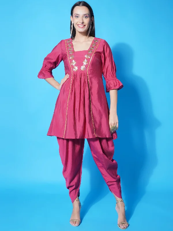 Pink Cotton Muslin Hand Embellished Kurta with Salwaar