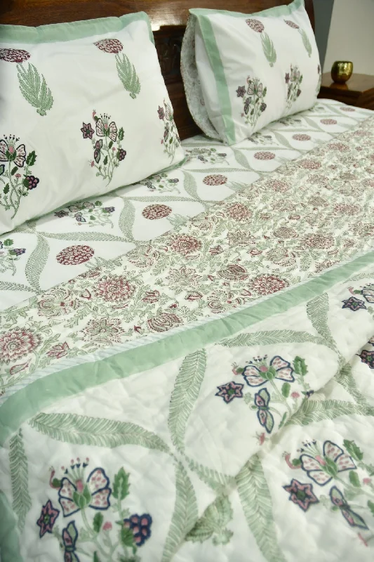 Butterfly and Floral Premium HandBlock Quilt Bedding Set