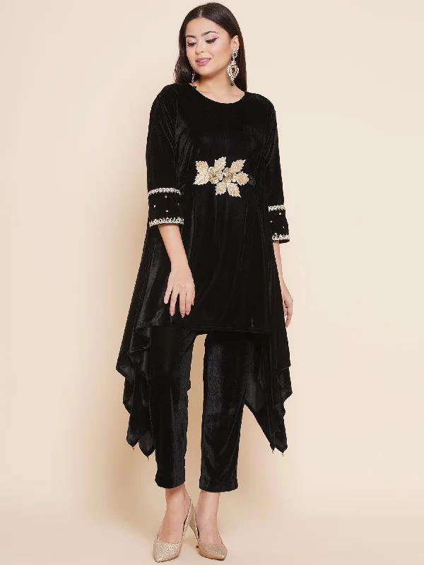 Black Kaftan Style Hand Embellished Kurta with Pants-WRKS091