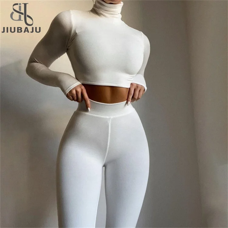 Casual Two 2 Piece Set Sweatsuits Tracksuit For Women Outfits Turtleneck Crop Top Pants Suits