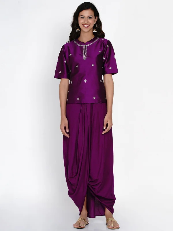 Purple Embroidered Koti with Dhoti Pants - WRKS056