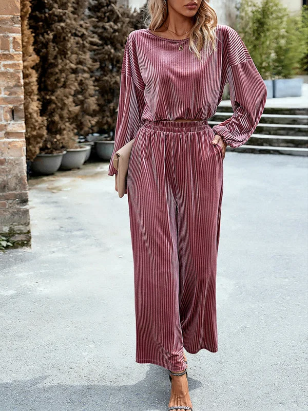 Velvet Two-Piece Set: Balloon Sleeve Crop Top, Wide-Leg Trousers