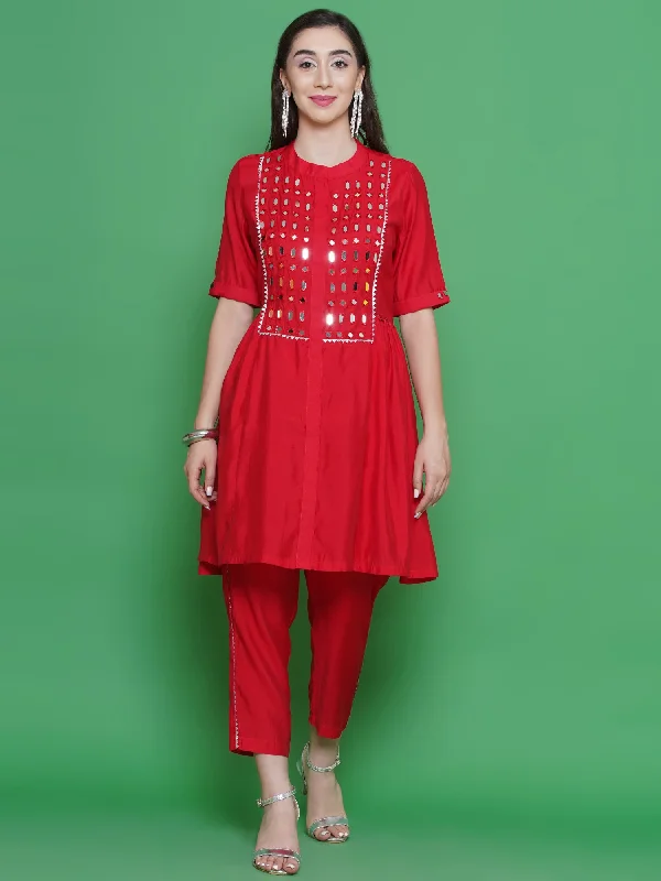 Red Muslin Kurta Set with Mirror Work-WRKS131