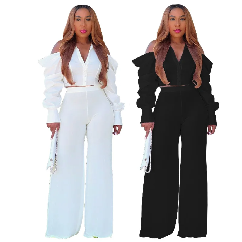 European and American hot selling solid color wide leg pants hollow out puff sleeve top + trousers 2 pieces set