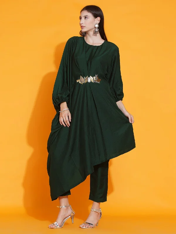 Green Hand Embellished Indowestren Kurta with Pants-WRKS082