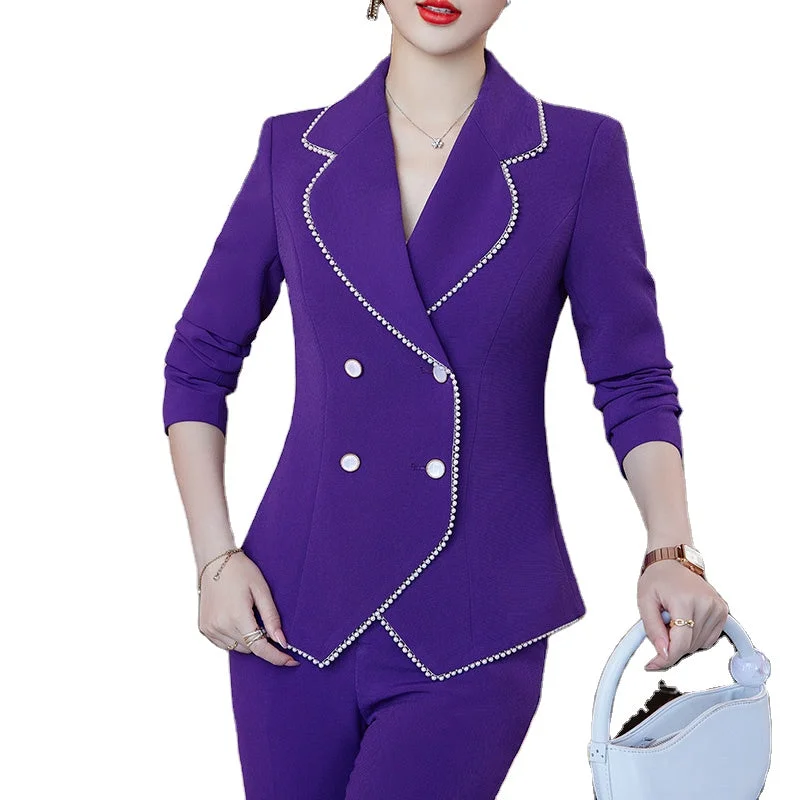 Wholesale High-quality Women Suits Dealers 2 Pieces Double Breasted Sets Fashion Office Lady Elegant Blazer and Flare Trouser