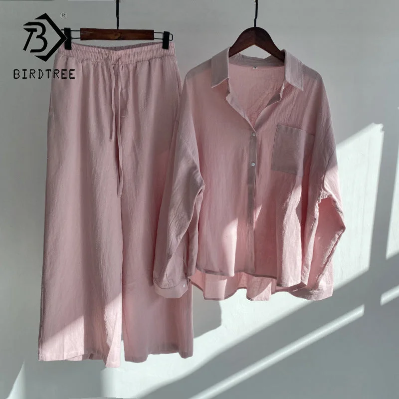 Vintage Solid Women Two Piece Set Cotton Linen Turn-down Collar Shirt Elastic Drawstring Pants High Waist Loose Plus Size S26001