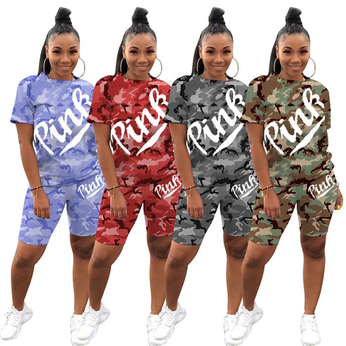 MTY6515 2022 new arrival ladies pink  short set casual  camouflage pants sets printed outfit suit 2 piece set women clothing