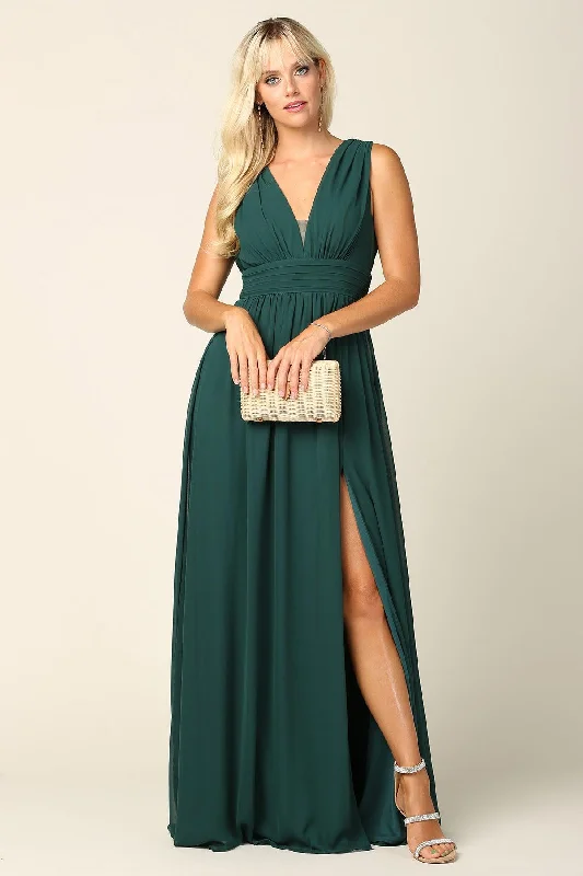 Long Sleeveless Formal Bridesmaids V Neck Dress