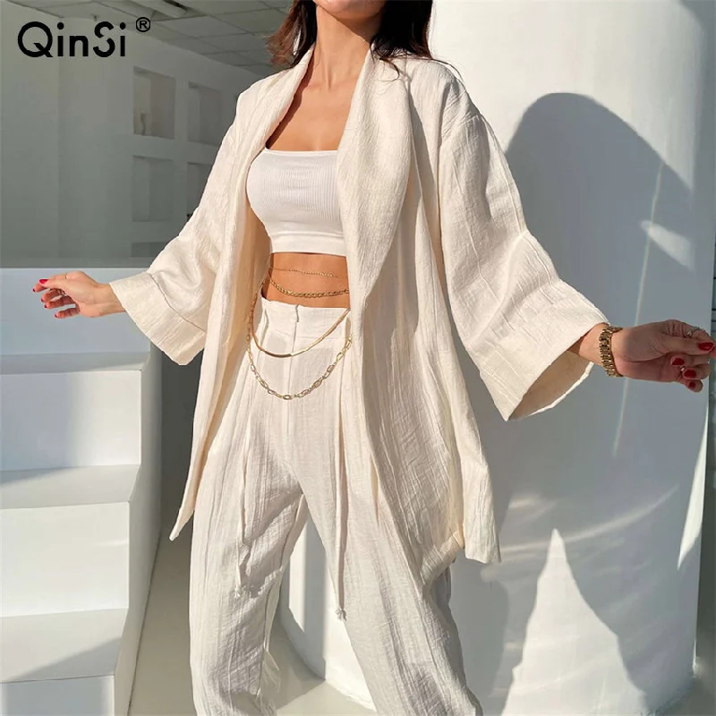 Bclout/QINSI 2023 Summer Trousers Outfits Long Sleeve Loose Shirt Tops And High Waist Pants Two Piece Set Women Casual Tracksuit