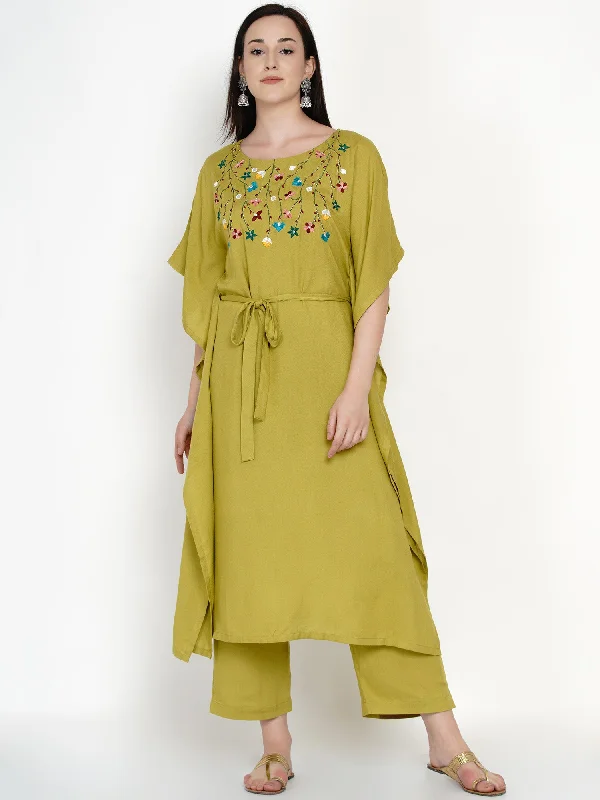 Green Rayon Embroidered Kaftan With Belt and Palazzo- WRKS042