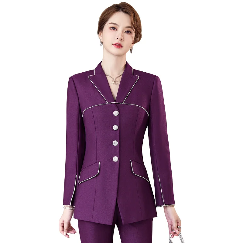 OEM China Factory High-quality Wholesale 2 Piece Purple Set for Women Office Lady Single Breasted Pant Set Blazer and Trouser