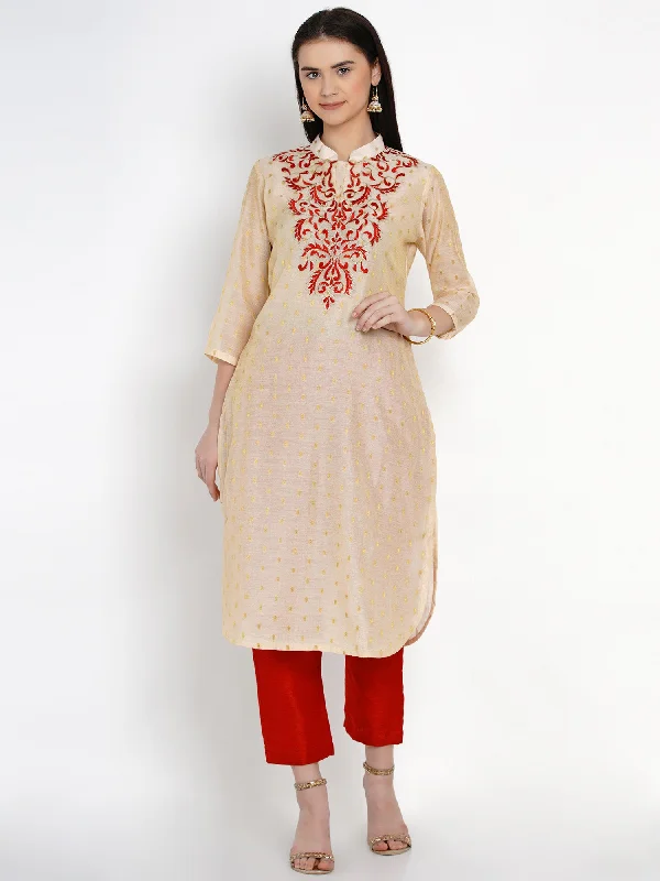 Cream Chanderi Embroidered Kurta With Pant-WRKS015