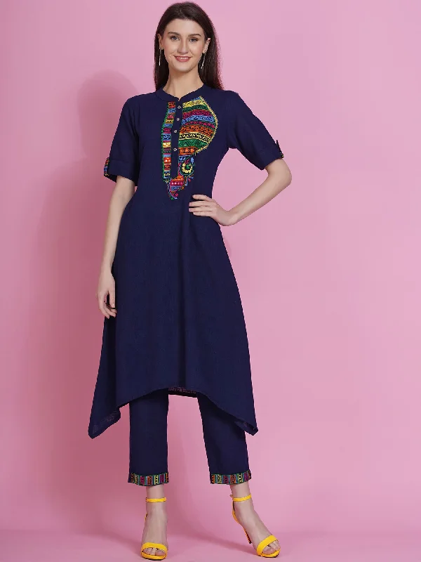 Navy Blue Cotton Embroidered Kurta with Pants-WRKS078