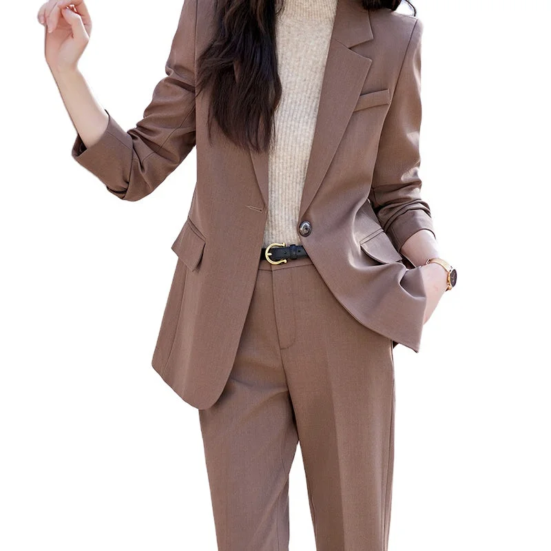 China Factory OEM Wholesale Single Button Khaki Blue 2 Piece Set Women Business Trouser Suits Office Lady Simple Blazer Pant