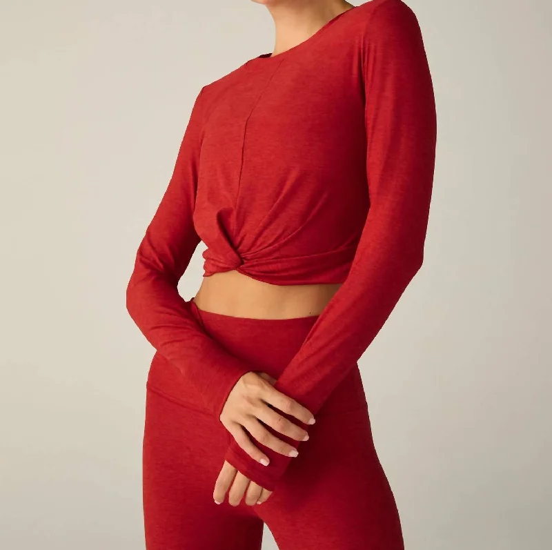 Featherweight Center Stage Cropped Long Sleeve Pullover Tee Top In Ruby Red