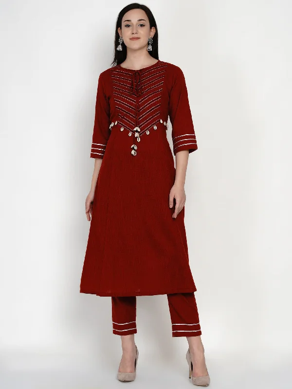 Maroon Cotton Embellished Kurta with Gota Work and Pants- WRKS051