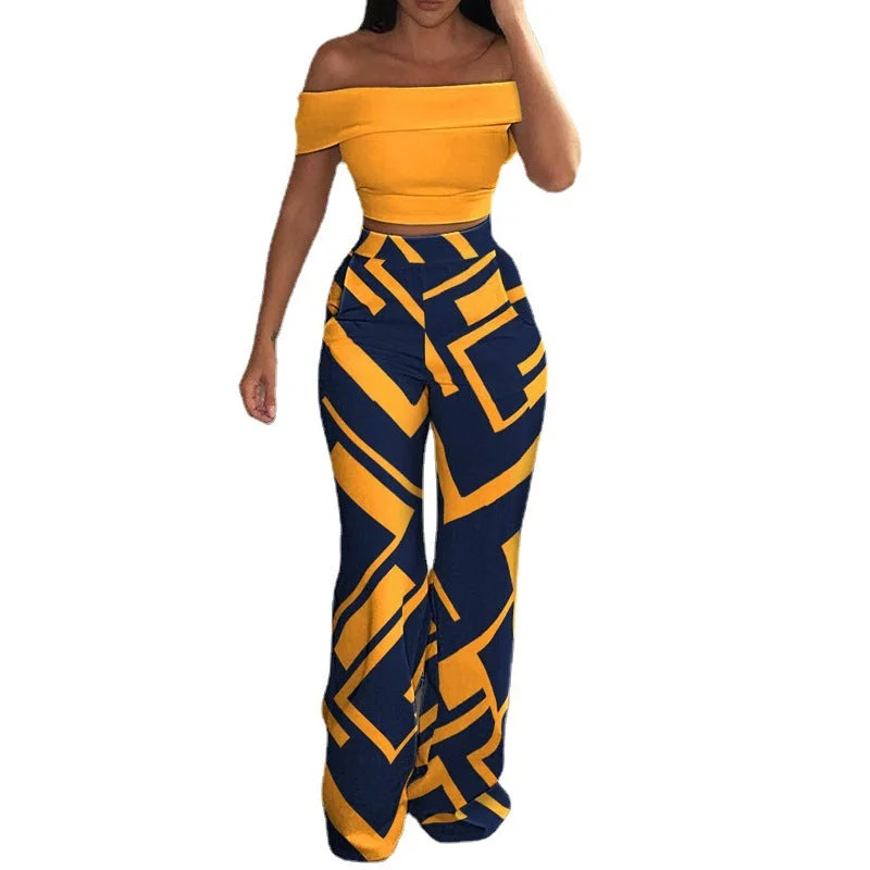 2023 Lovely Chicme Wholesale Clothing Houndstooth Print Off Shoulder Crop Top & Pants Set For Women