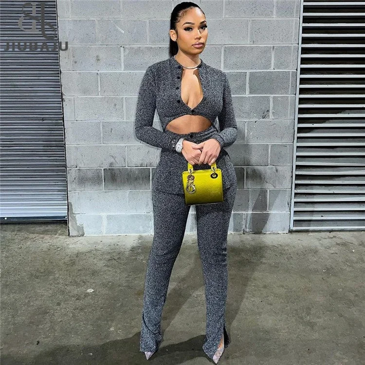 Fall Casual Matching Sets Gray 2 Two Piece Sets Womens Outfits 2023 Hollow Out Long Sleeve Tops And Pants Sets