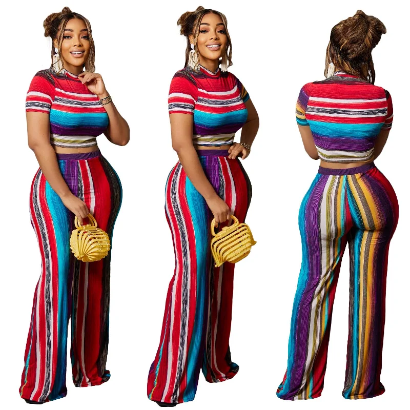 wholesale Women Summer Casual Striped two piece set Short sleeve crop tops woman colourful Wide legged pants sets