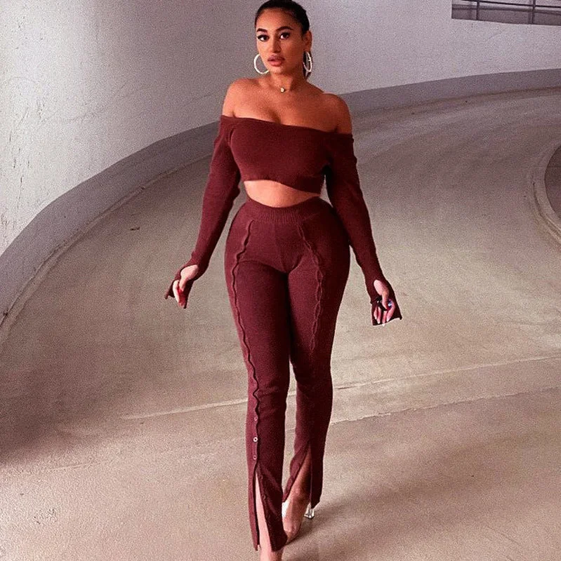 2022 new arrivals sexy off shoulder long sleeve crop top and Slit button pants two pieces set women