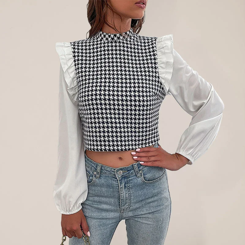 Houndstooth Frill Long Sleeve Crop Top - Blouse