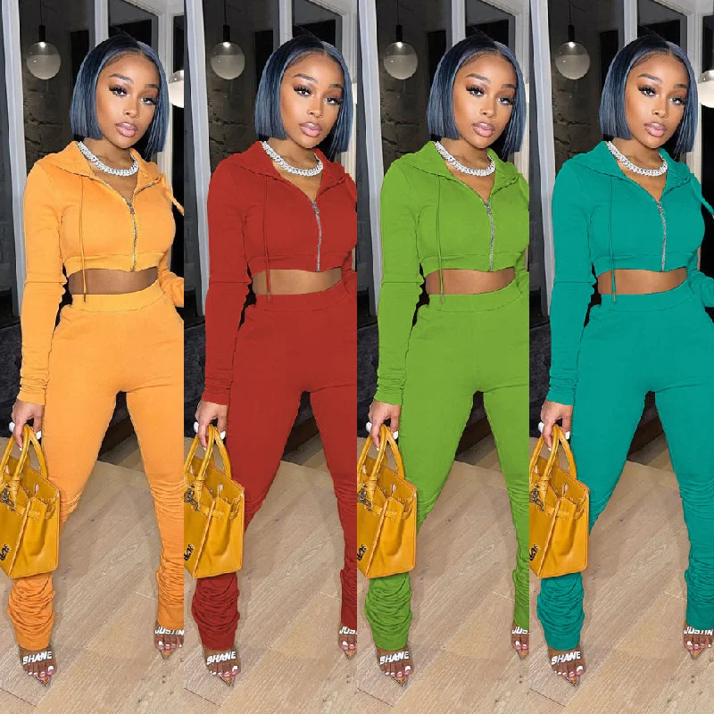 2023 Fall Women Clothing Cotton Soft Material Two Piece Set Zipper Crop Top Hooded And  Pleated pant 2 Piece Set