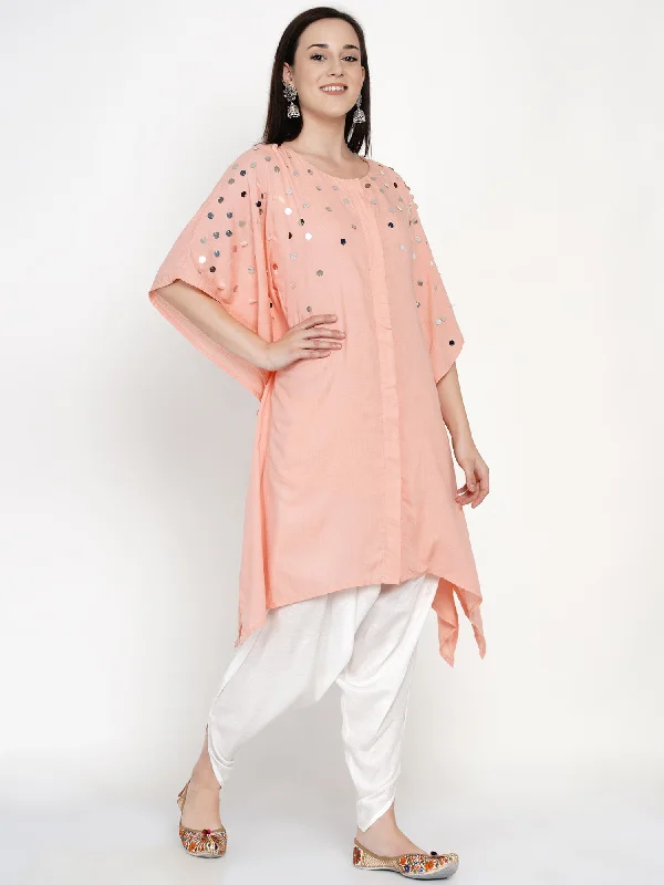 Peach Rayon Hand Embellished Kaftan With Tulip Pants- WRKS040