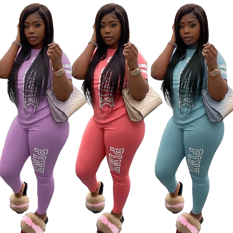 Sweatsuit Sets Women Pink Letter 2 Piece Tracksuit Outfits Summer Sweat Sportswear Womens Sweatpants Two Piece Joggers Set