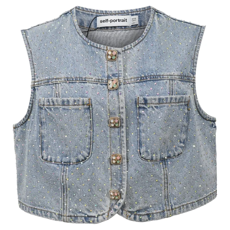 Self-Portrait Rhinestone Crop Top in Blue Denim