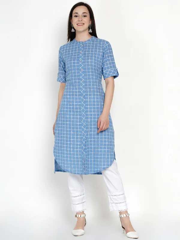 Blue Checks Cotton Kurta with Pants- WRKS047