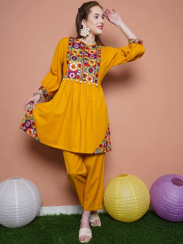 Mustard Cotton Flex Kurta with Gamthi Embroidery and Pants-WRKS100