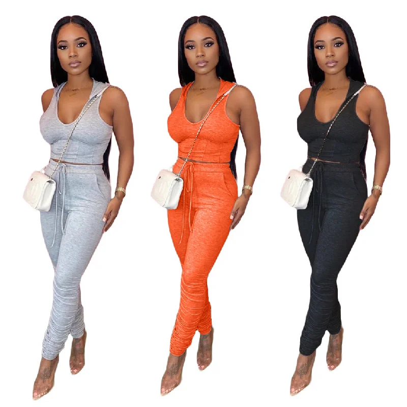 Casual Hooded 2 Piece Crop Top Sweatsuit Women Sleeveless Stack Pants 2 Piece Set