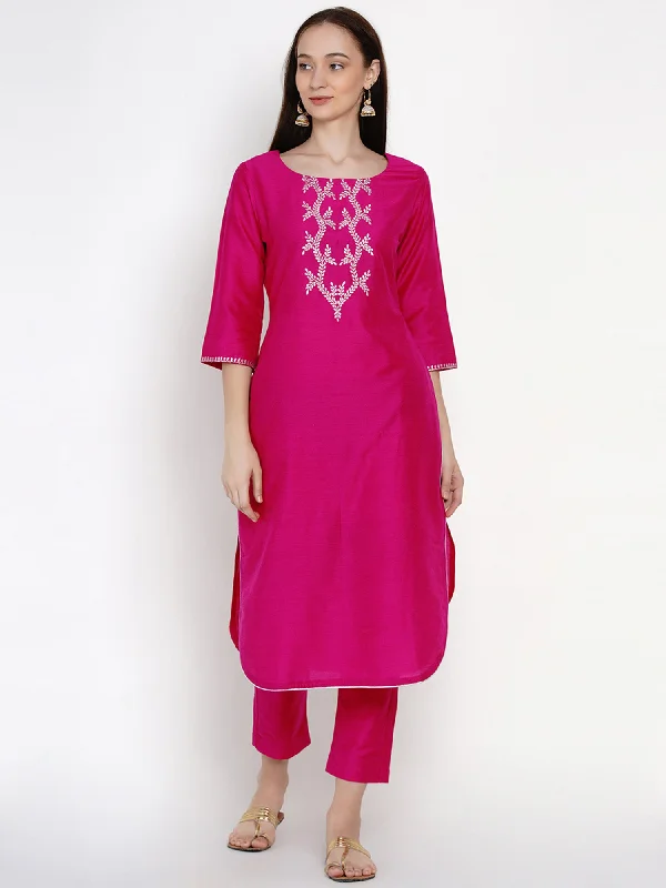 Pink Cotton Blended Embroidered Kurta With Pant-WRKS023