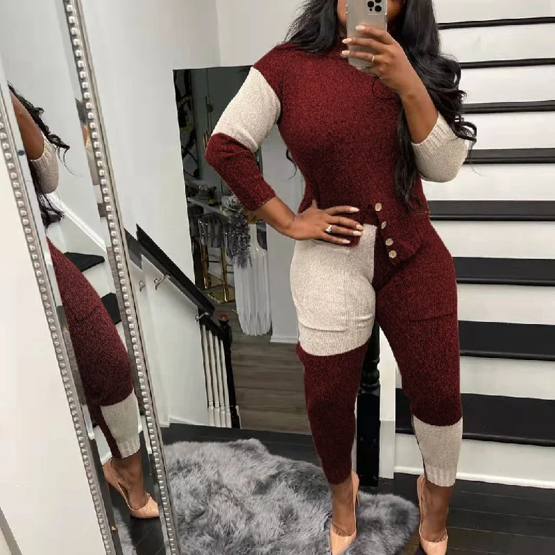 Fall winter patchwork color block pullover sweater pant set casual tight women knitted sweater two piece set