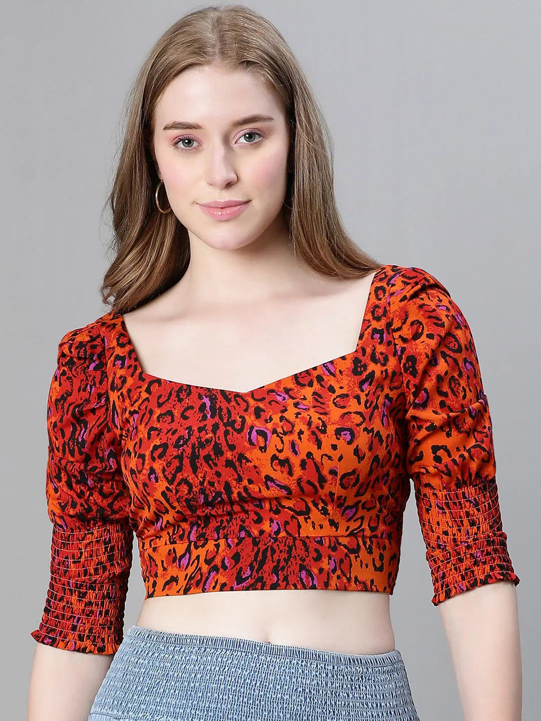 Women multicolor animal print broad neck crop top