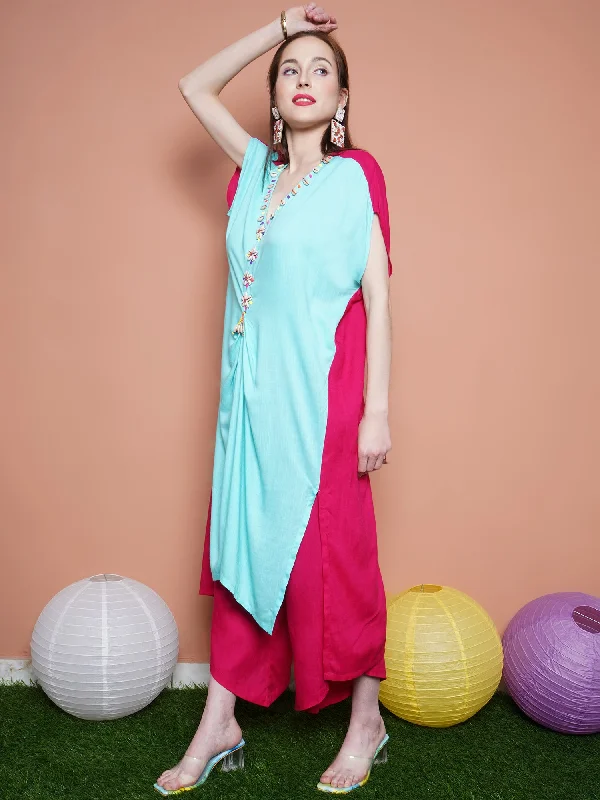 Blue and Pink Rayon Slub Hand Embellished Kurta with Palazzo -WRKS101