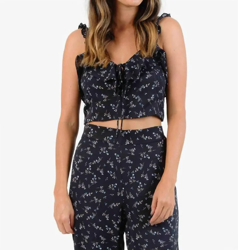 Crop Ruffle Strap Boho Floral Print Blouse In Navy Blue