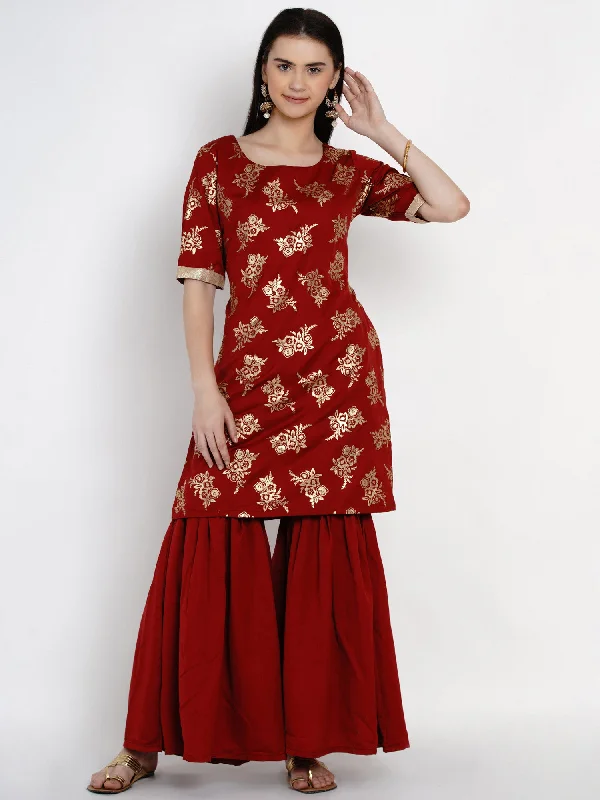 Maroon Polyester Kurta With Sharara -WRKS016