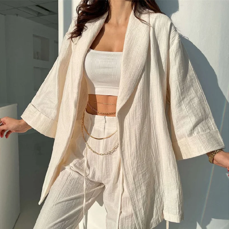 Wholesale summer Elegant cotton sets women Casual Loose Fit Comfy Pants Turndown Collar 2 Piece Set Women New Arrivals 2023