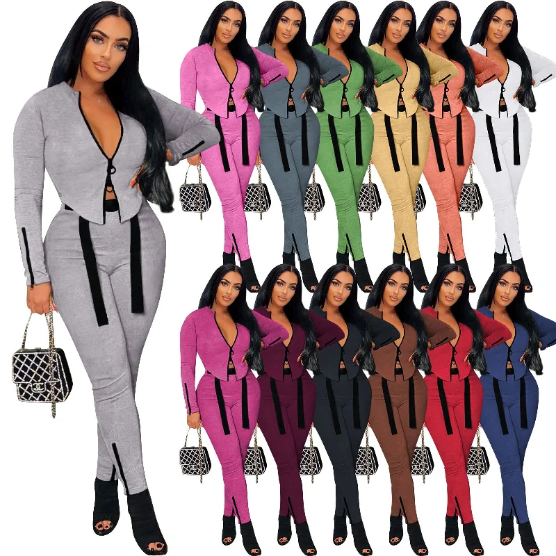 Trendy Women Clothes Solid Color Long Sleeve Double Zipper Bandage Stretchy Ladies Two Piece Pants Set Tracksuit Outfits