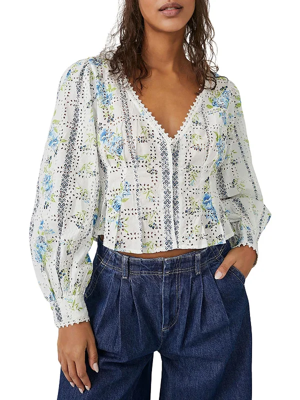 Womens Floral Cropped Button-Down Top