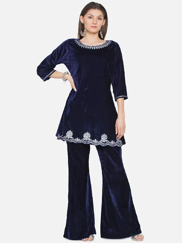 Navy Blue Velvet Kurta with Bell bottom Pants-WRKS069