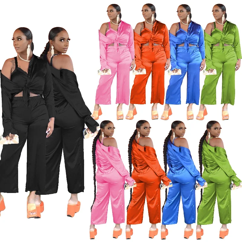 Trendy Women Clothes 2022 Women Clothes Lounge wear Set Clothing Crop Vest Blouse And Wide Pants Tracksuit Fall 3 Piece Sets