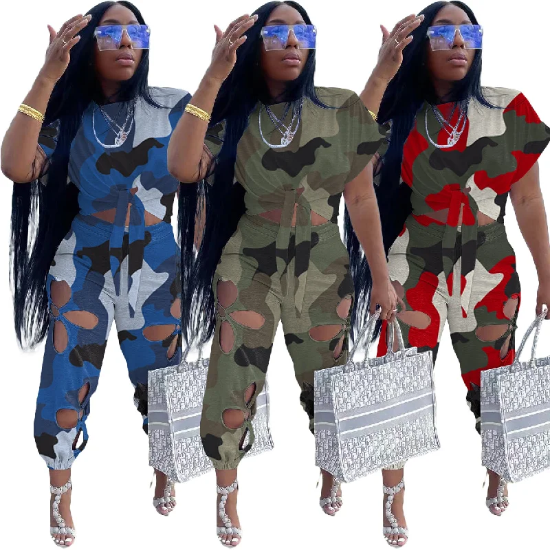 New Fashion Camouflage Printed Pocket Casual Sport Women Clothing Two Piece Set